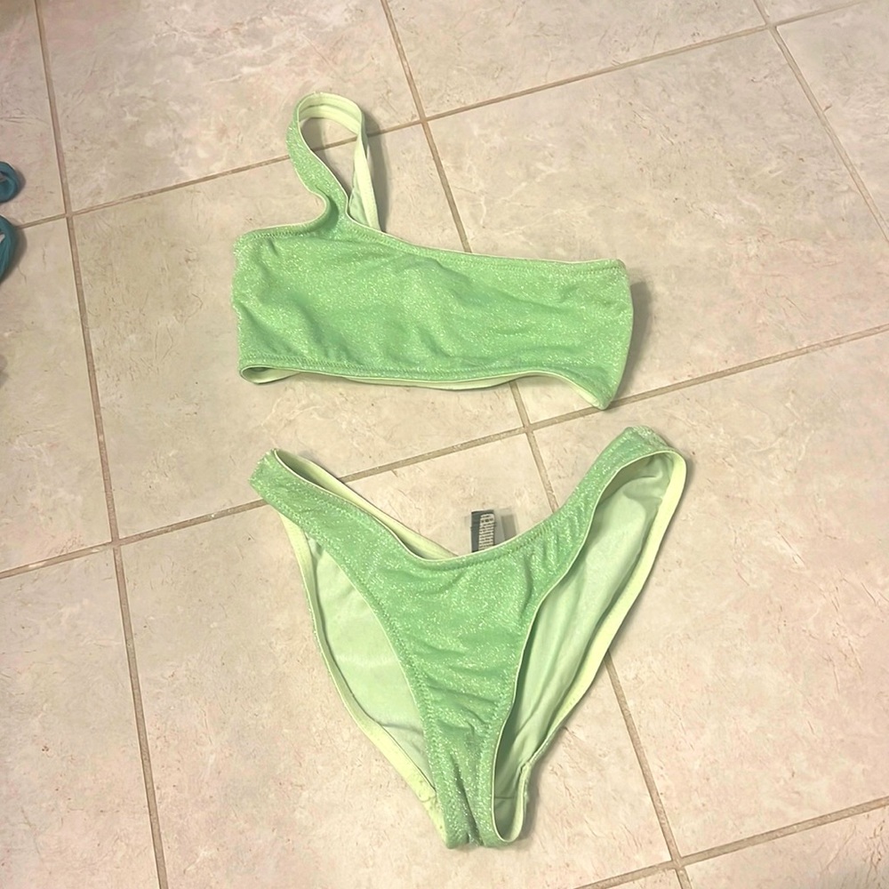 One shoulder green sparkly triangl bikini